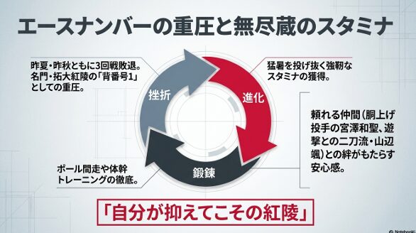 昨夏と昨秋の3回戦敗退という挫折から、ポール間走などの猛練習を経て無尽蔵のスタミナを獲得し、頼れる仲間との絆でエースの重圧を乗り越えた進化の軌跡