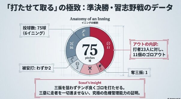 準決勝の習志野戦において、6イニング75球を投げ、打者23人に対して11個のゴロアウトを奪い、三塁に走者を進めなかった危機管理能力を証明するデータ