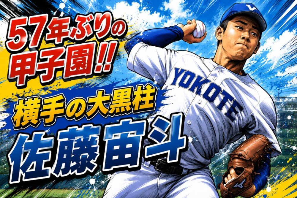 「YOKOTE」のユニフォームを着た野球投手、佐藤宙斗が投球ポーズをとっている、エネルギッシュなイラストポスター。背景は力強いタッチの青空。左上に「57年ぶりの甲子園!!」と「横手の大黒柱」、左下に大きな文字で「佐藤 宙斗」と書かれている。