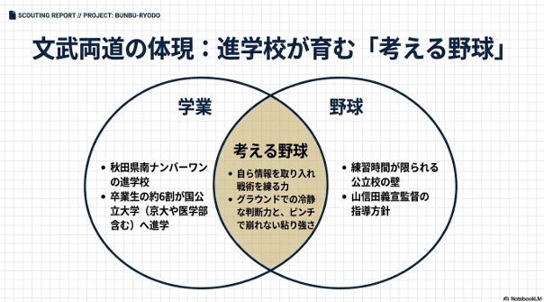 秋田県南ナンバーワンの進学校としての学業と、限られた練習時間で行う考える野球が交わる、文武両道を体現するベン図