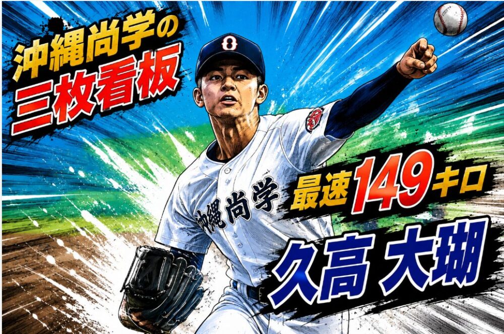 沖縄尚学のユニフォームを着て左腕からボールを投げ込む久高大瑚投手の漫画風イラスト。「沖縄尚学の三枚看板」「最速149キロ」のテキスト入り