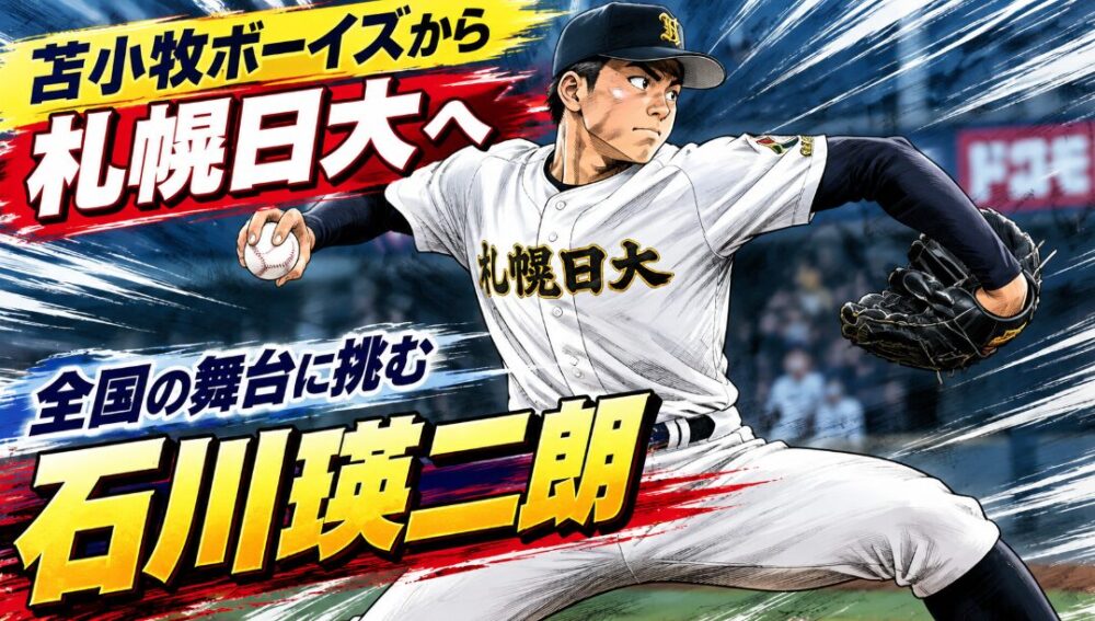 苫小牧ボーイズから札幌日大へ 全国の舞台に挑む 石川瑛二朗」の文字と、札幌日大のユニフォームを着て力強く投球する石川瑛二朗投手の漫画風イラスト