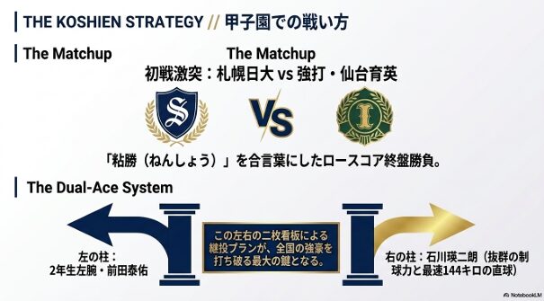 甲子園初戦の仙台育英戦に向けた前田泰佑投手と石川瑛二朗投手の左右二枚看板による戦略