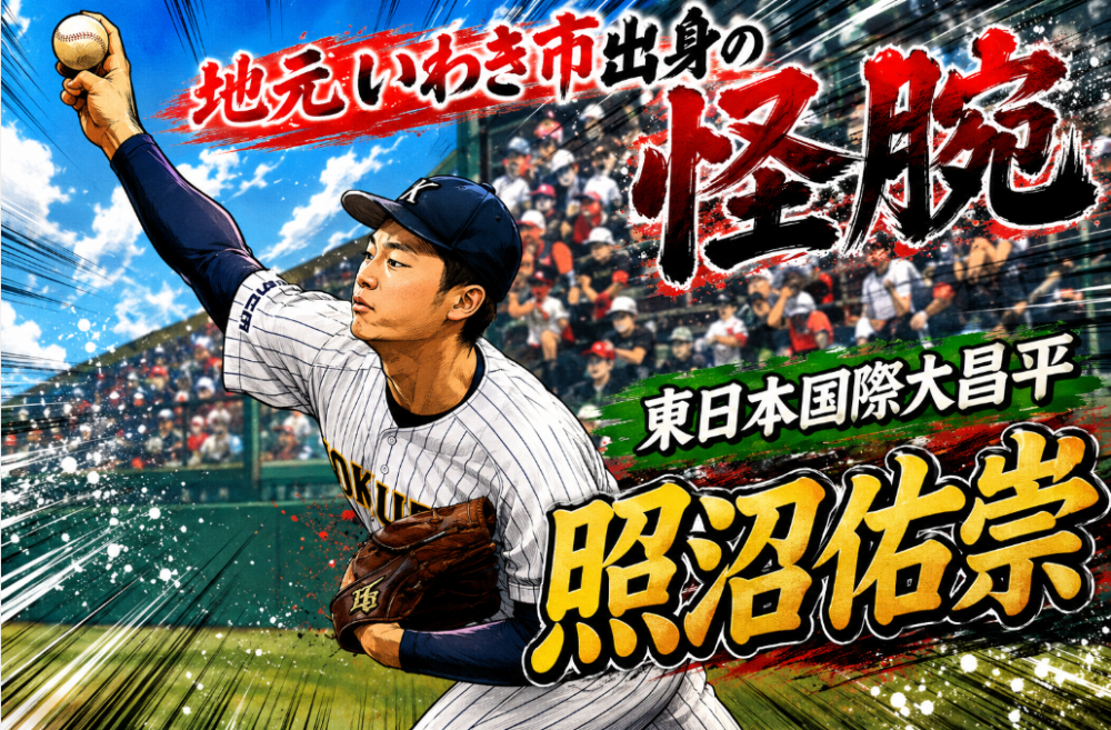 東日本国際大昌平の照沼佑崇投手を描いた劇画風イラスト。「地元いわき市出身の怪腕」の文字入り画像