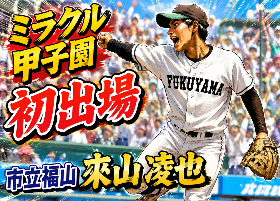 「ミラクル甲子園 初出場」「市立福山 來山凌也」のテキストとともに、満員のスタンドを背景にマウンド上で力強くガッツポーズをして雄叫びを上げる來山凌也投手の熱血スポ根マンガ風イラスト
