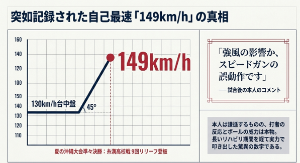130km/h台中盤から夏の沖縄大会準々決勝で自己最速149km/hを記録した急激な球速アップを示す折れ線グラフと、本人の謙遜するコメントが書かれたスライド。